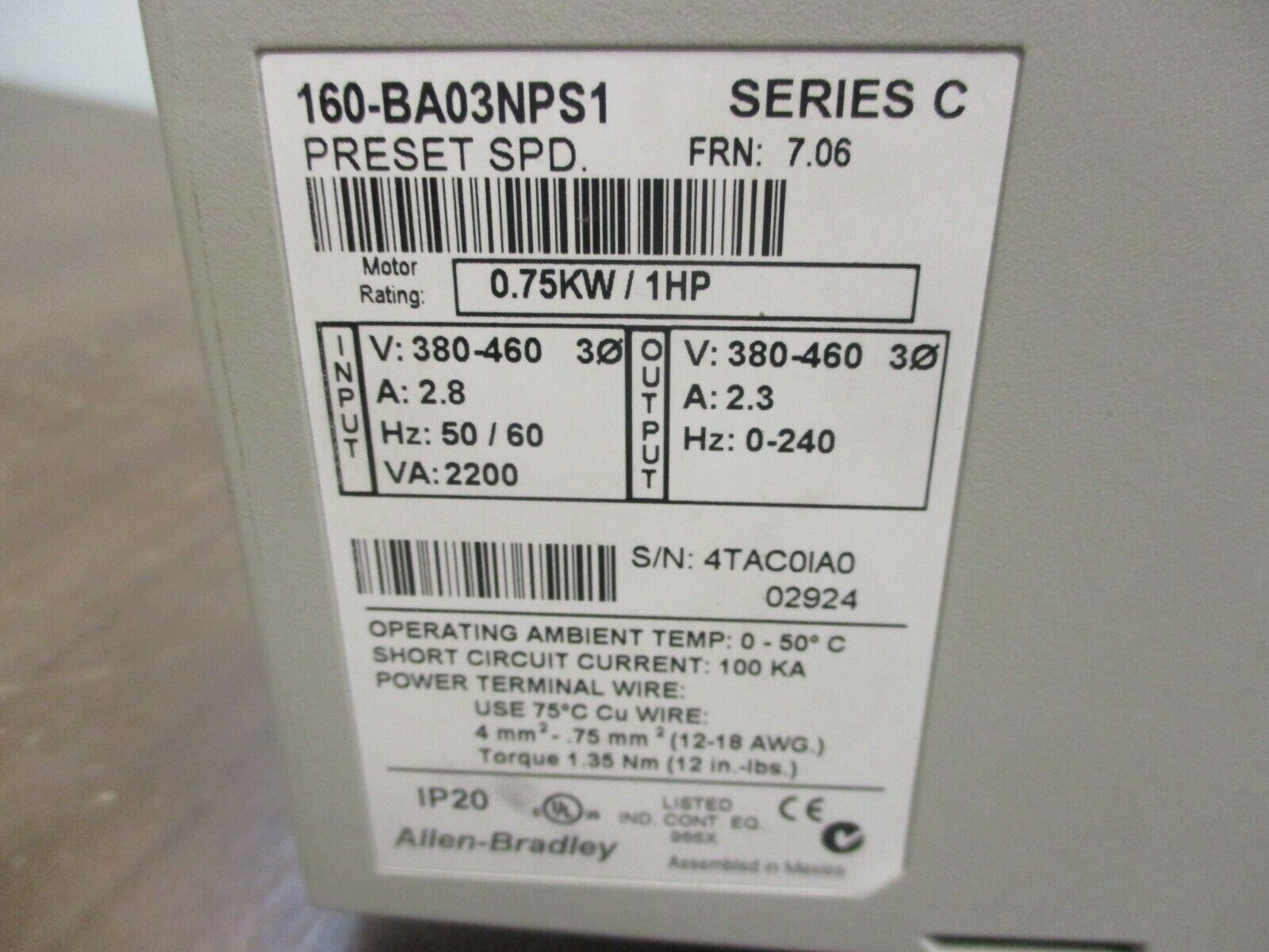 Allen-Bradley Speed Controller 160-BA03NPS1 Ser. C FRN: 7.06 1HP Used