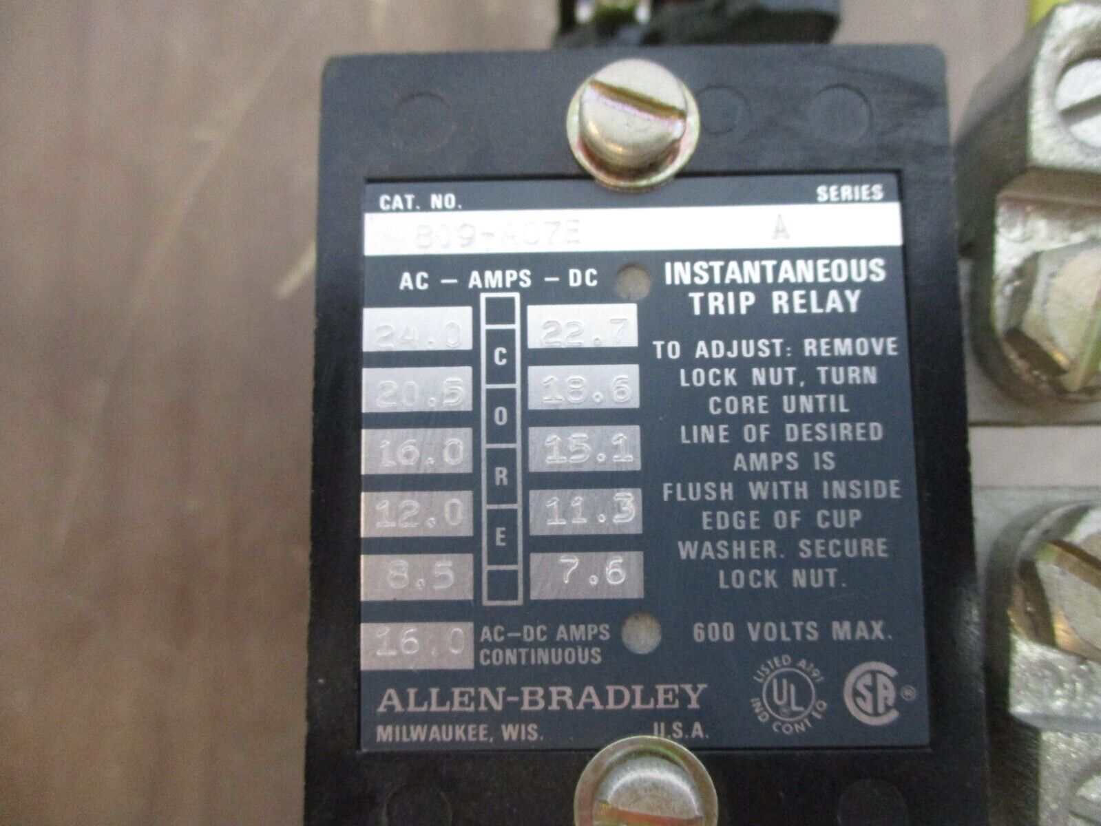 Allen-Bradley Instantaneous Trip Relay 809-A07E Ser. A 16A 600V Used