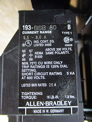 Allen-Bradley SMC-2 Smart Motor Controller 150-A09NB / 193-BSB 80 5HP 460V
