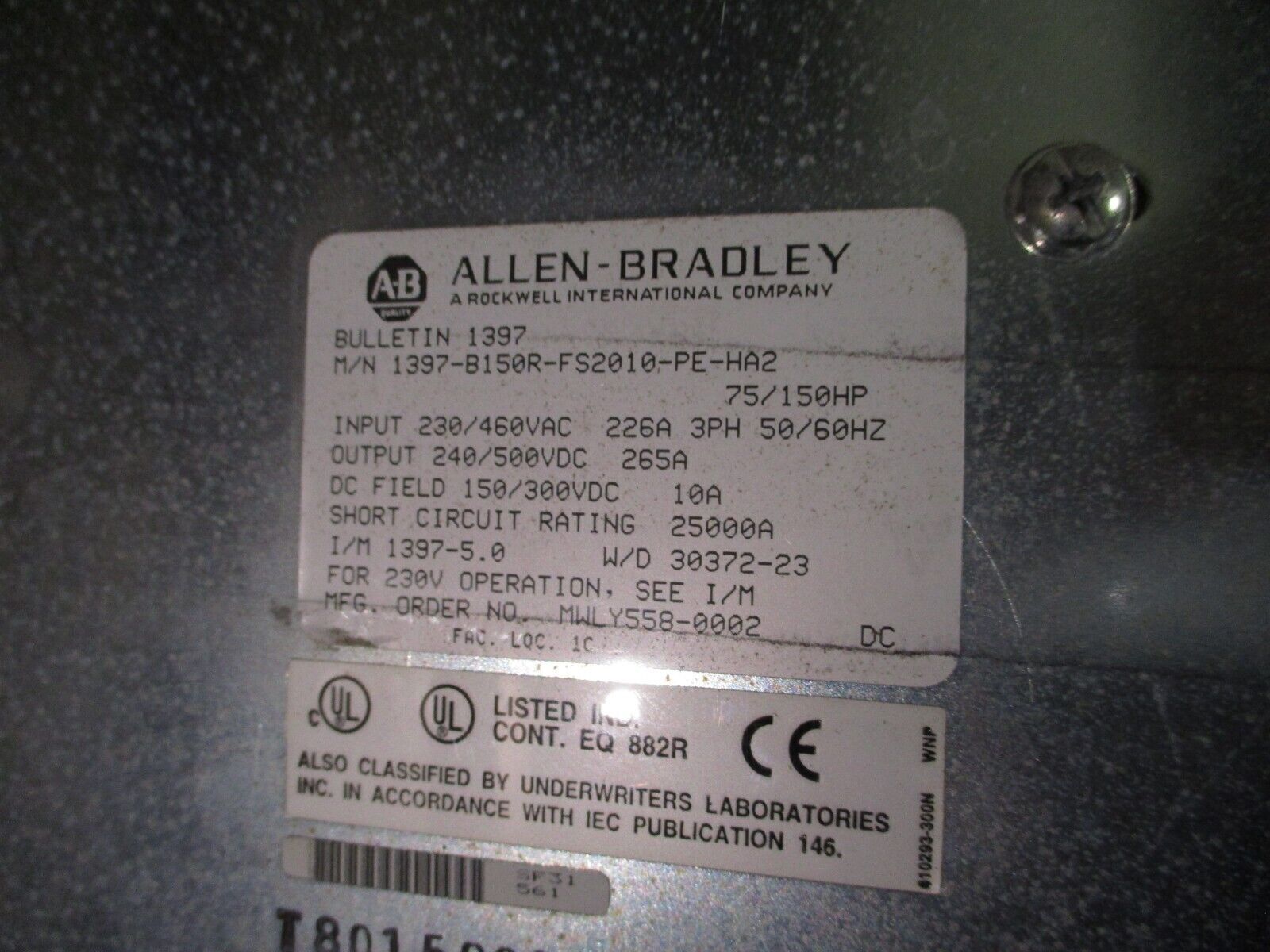 Allen-Bradley 1397 DC Drive 1397-B150R-FS2010-PE-HA2 75/150HP *No Keypad* Used