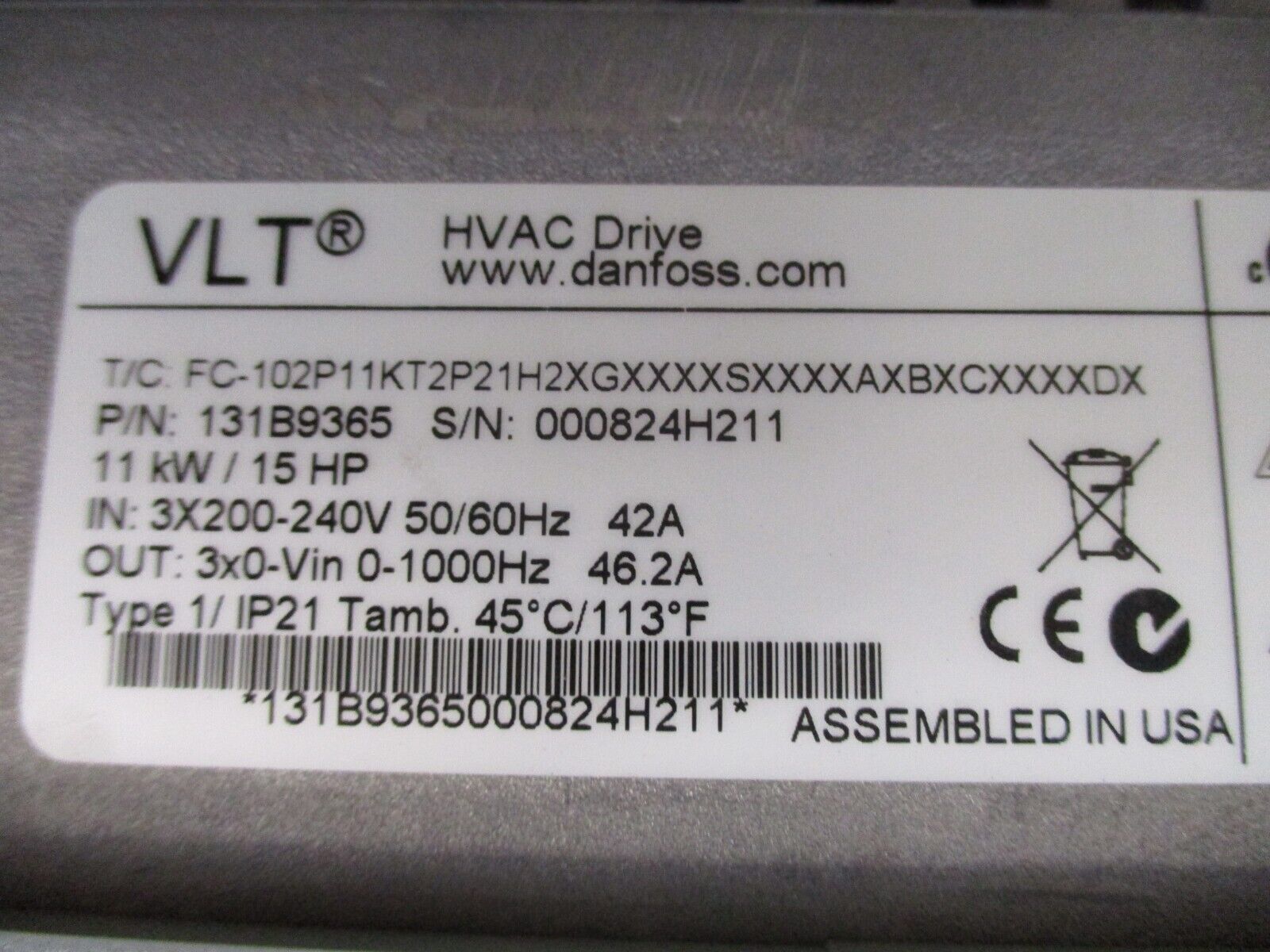 Danfoss VLT AC Drive 131B9365 15HP 3Ph w/ Keypad Used