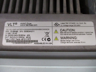 Danfoss VLT AC Drive 131B9365 15HP 3Ph w/ Keypad Used