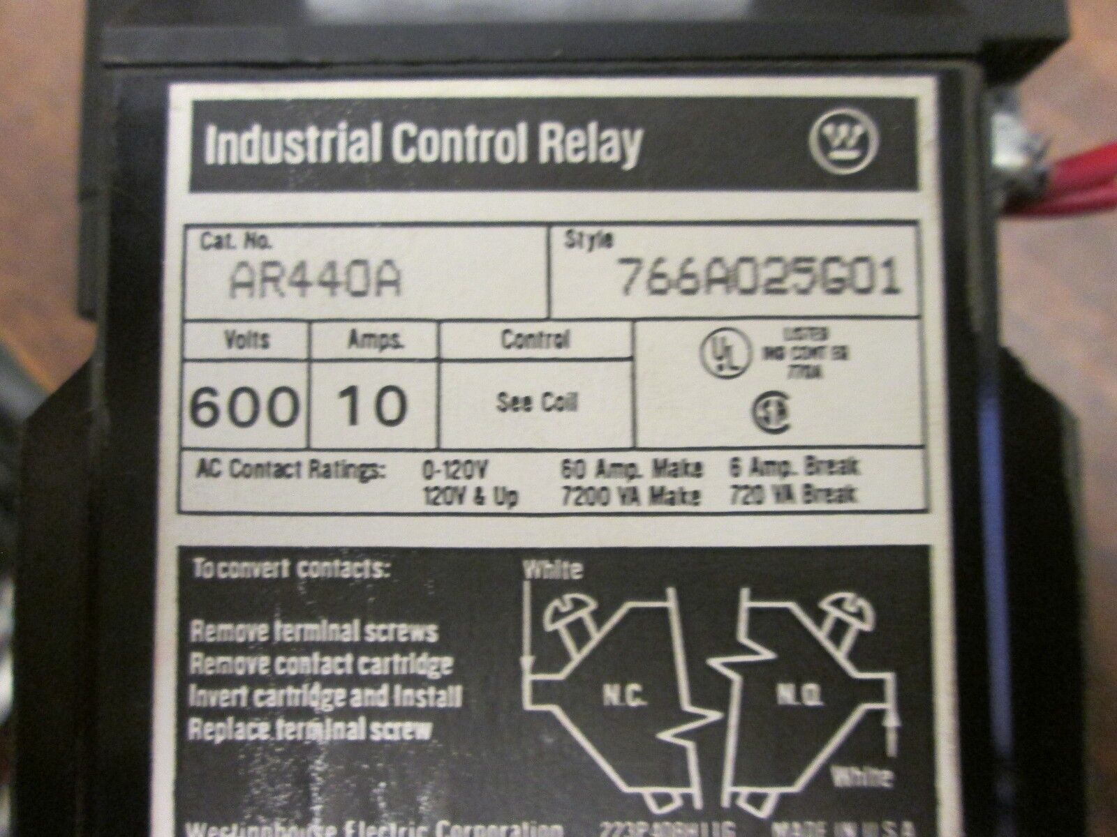 Westinghouse Control Relay AR440A 766A025G01 10A 600V 120V Coil Used