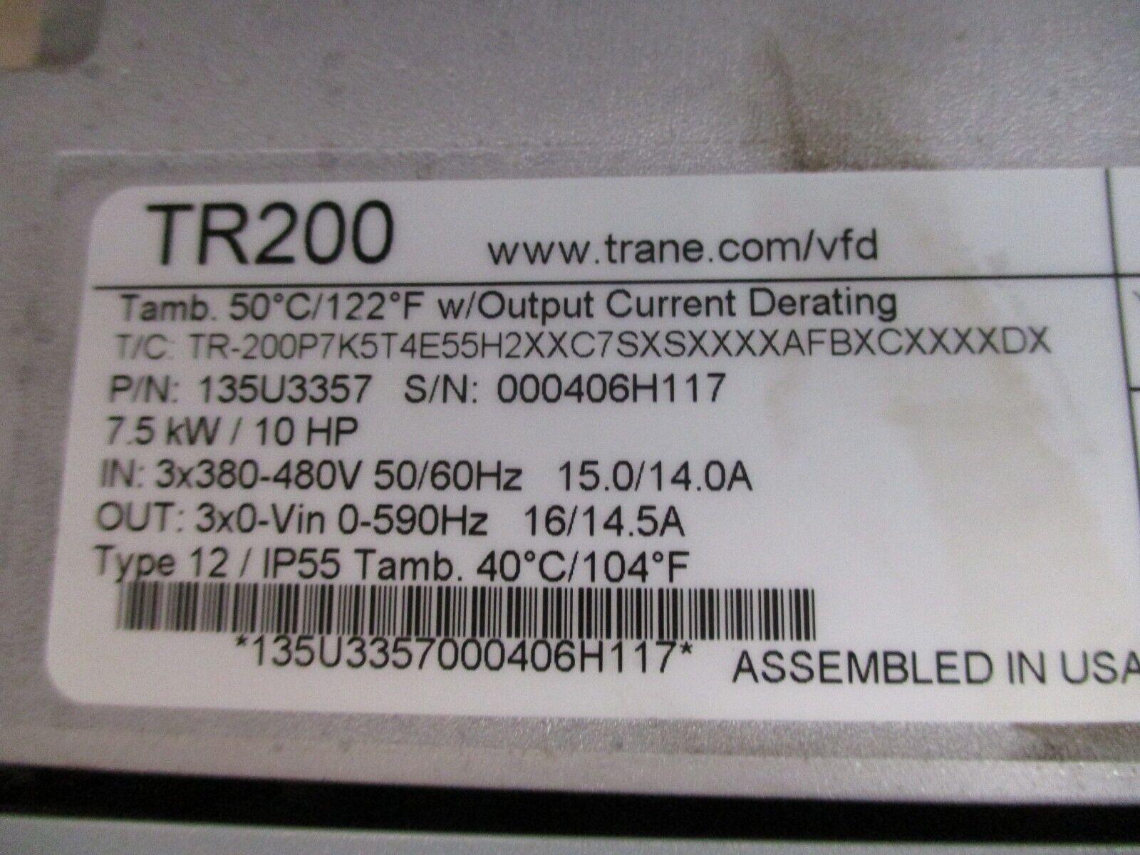 Trane TR200 AC Drive 135U3357 10HP 3Ph w/ Keypad Used