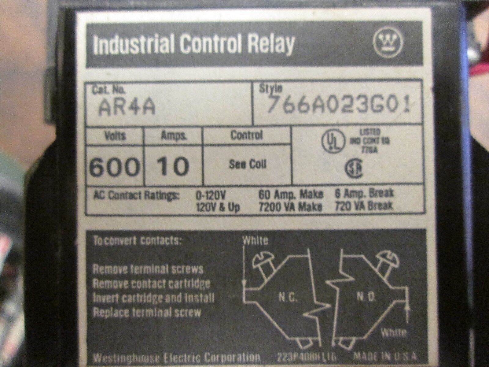 Westinghouse Control Relay AR4A 766A023G01 10A 600V 120V Coil *Lot of 2* Used