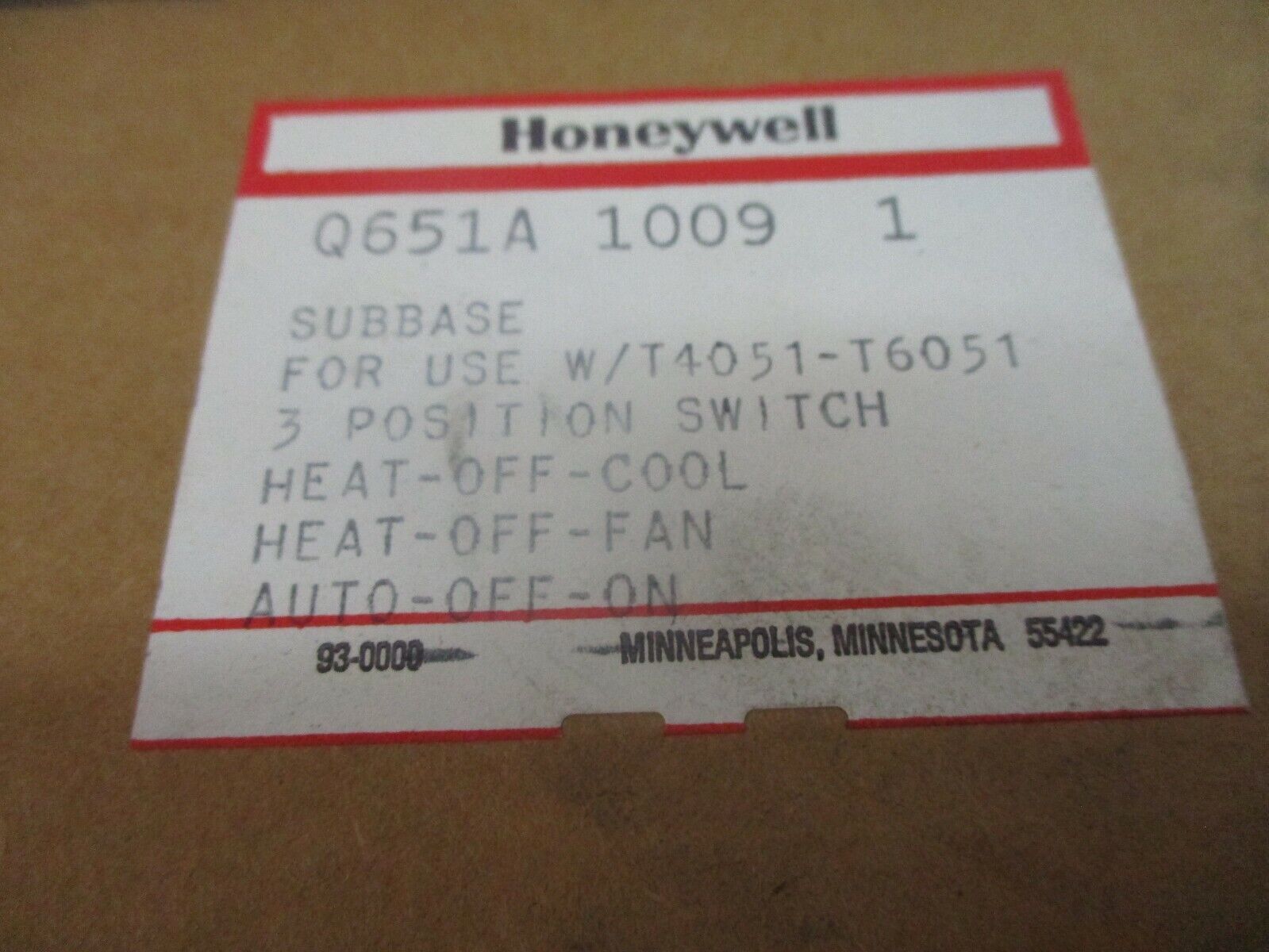 Honeywell Subbase Q651A 1009 1 For Use w/ T4051-T6051 3 Position Switch