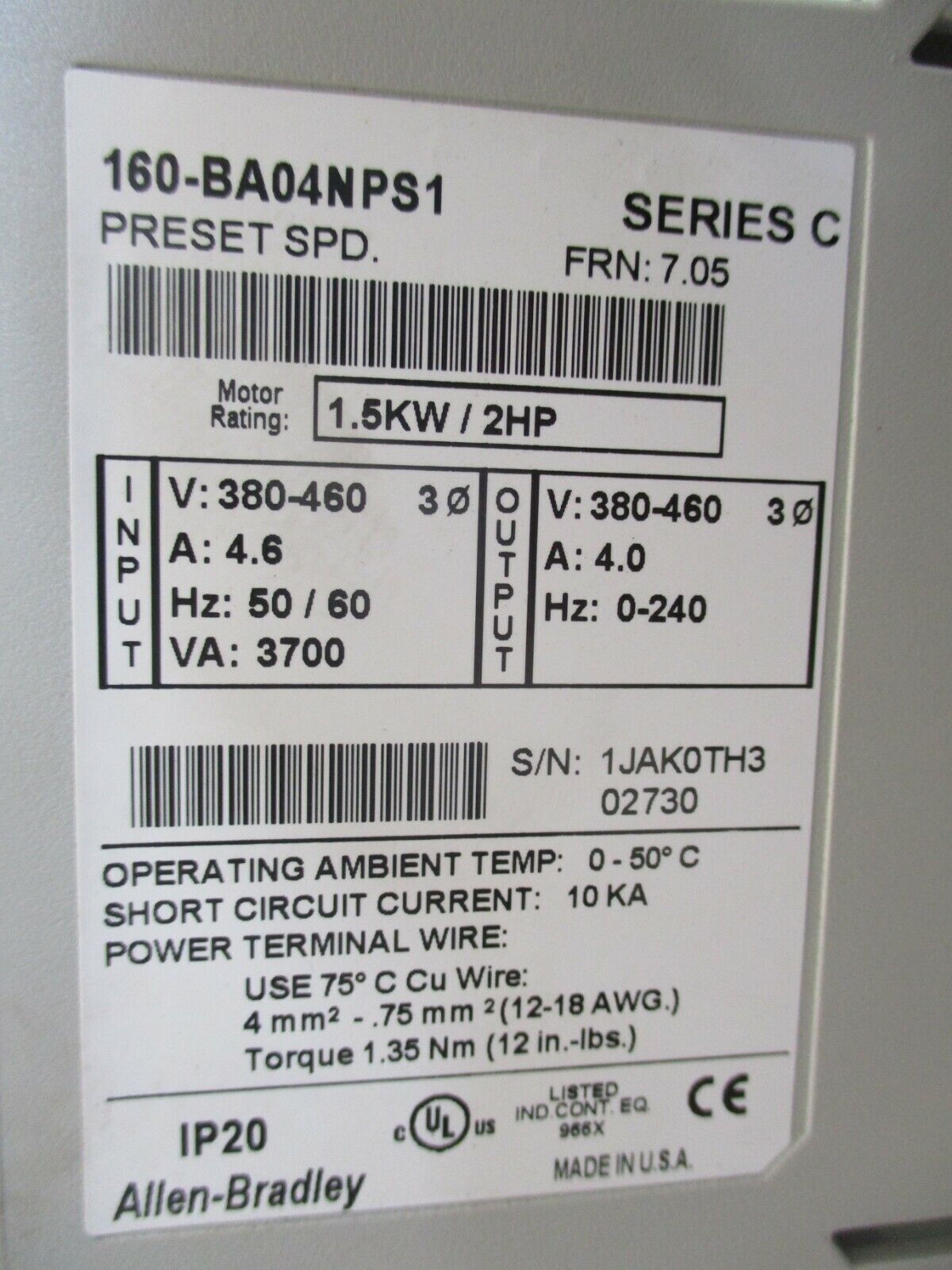 Allen-Bradley Preset Speed Controller w/ Line Filter 160-BA04NPS1 Ser. C 2HP