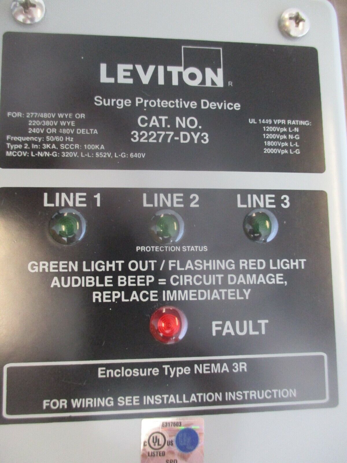 Leviton 3R Surge Protector 32277-DY3 277/480VY 240/480V 50/60Hz Used