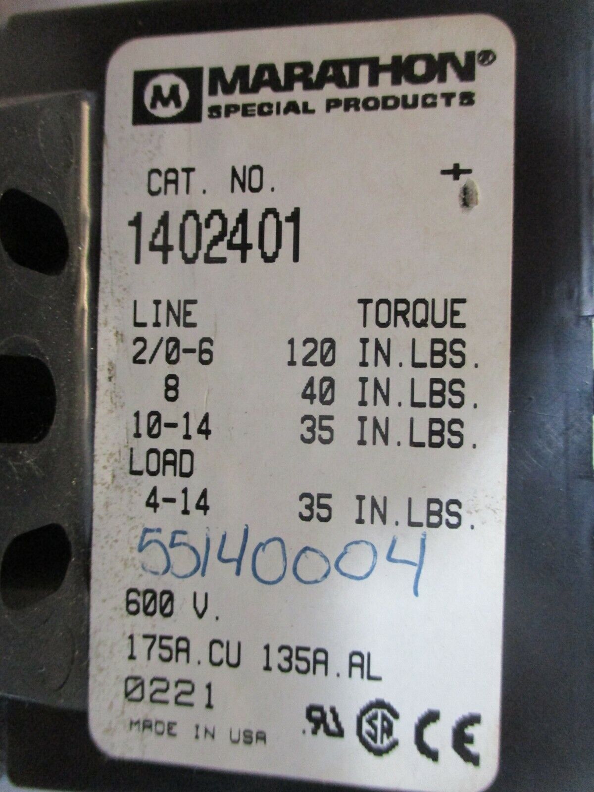 Marathon Power Distribution Block 1402401 175A 600V 2P Used