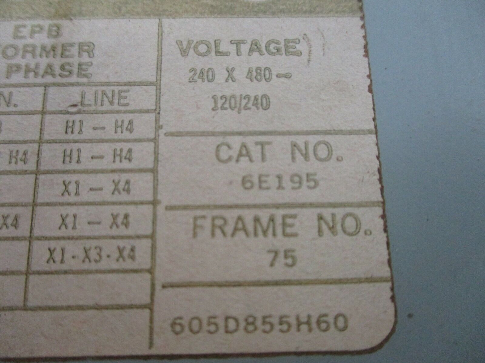 Westinghouse Type EPB Transformer 6E195 2kVA Pri: 240/480V Sec: 120/240V 60Hz