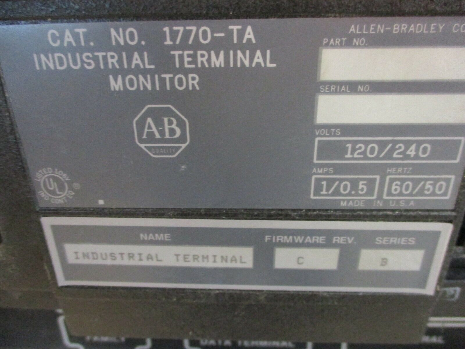 Allen-Bradley Industrial Terminal 1770-TA Ser. B F/W Rev. C 120/240V 1/0.5A Used