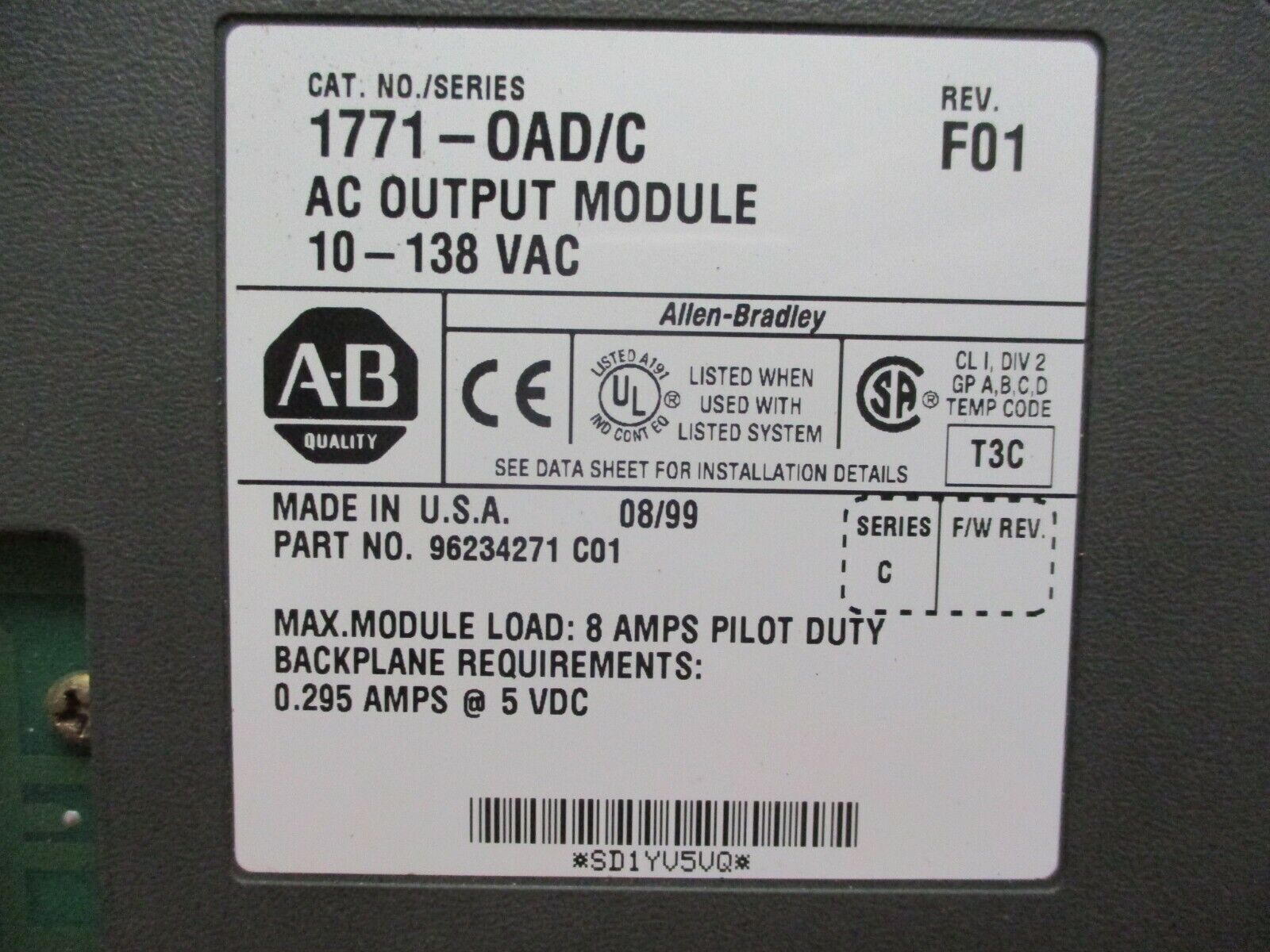 Allen-Bradley AC Output Module 1771-OAD/C Rev F01 10-138VAC *Missing Cover* Used