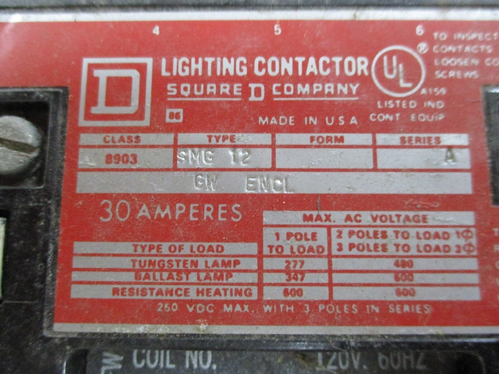 Square D Lighting Contactor 8903 SMG12 120V Coil 30A 600V Used