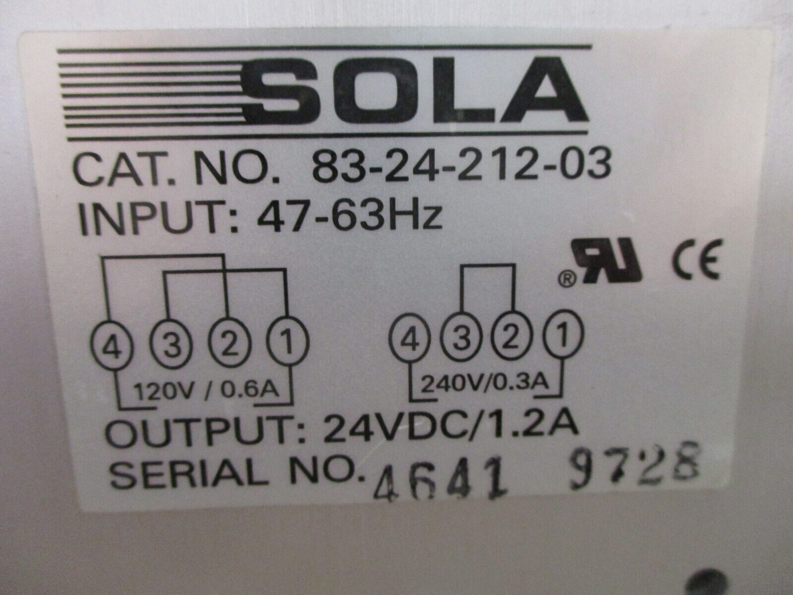 Sola Power Supply 83-24-212-03 Input: 120/240VAC Output: 24VDC Used