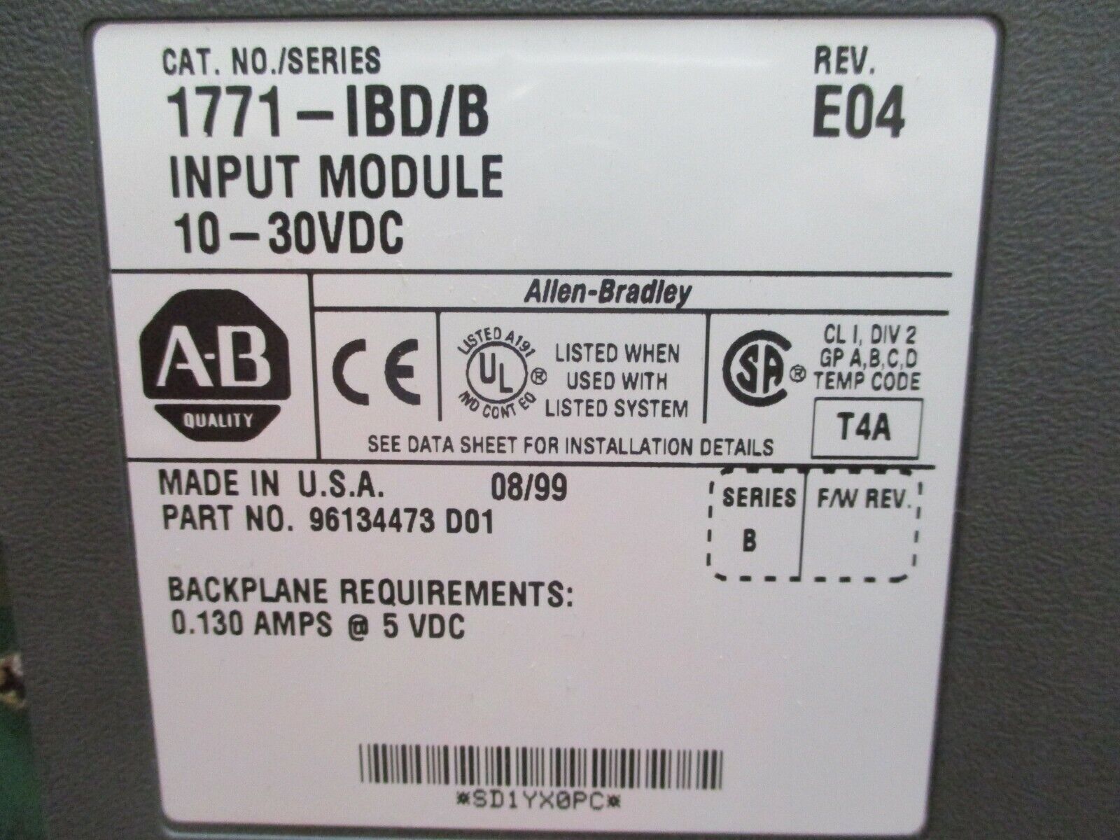 Allen-Bradley DC Input Module 1771-IBD/B Ser. B Rev. E04 10-30VDC Used