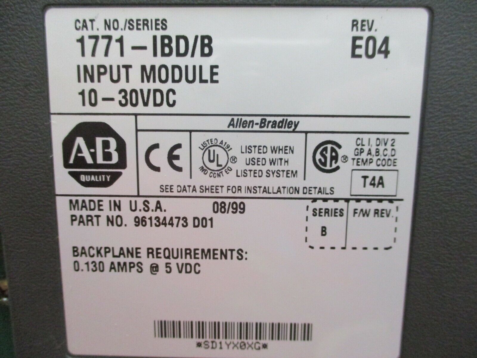 Allen-Bradley DC Input Module 1771-IBD/B Ser. B, Rev. E04, 10-30VDC, Used