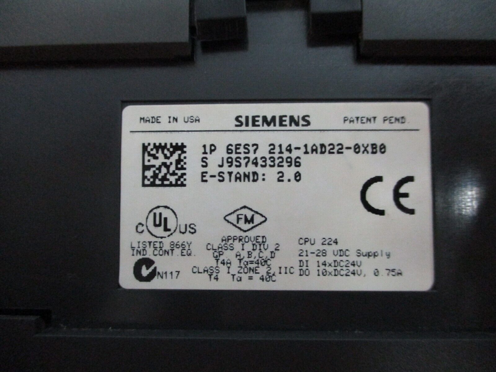 Siemens Simatic S7-200 CPU Module 6ES7 214-1AD22-0XB0 Used