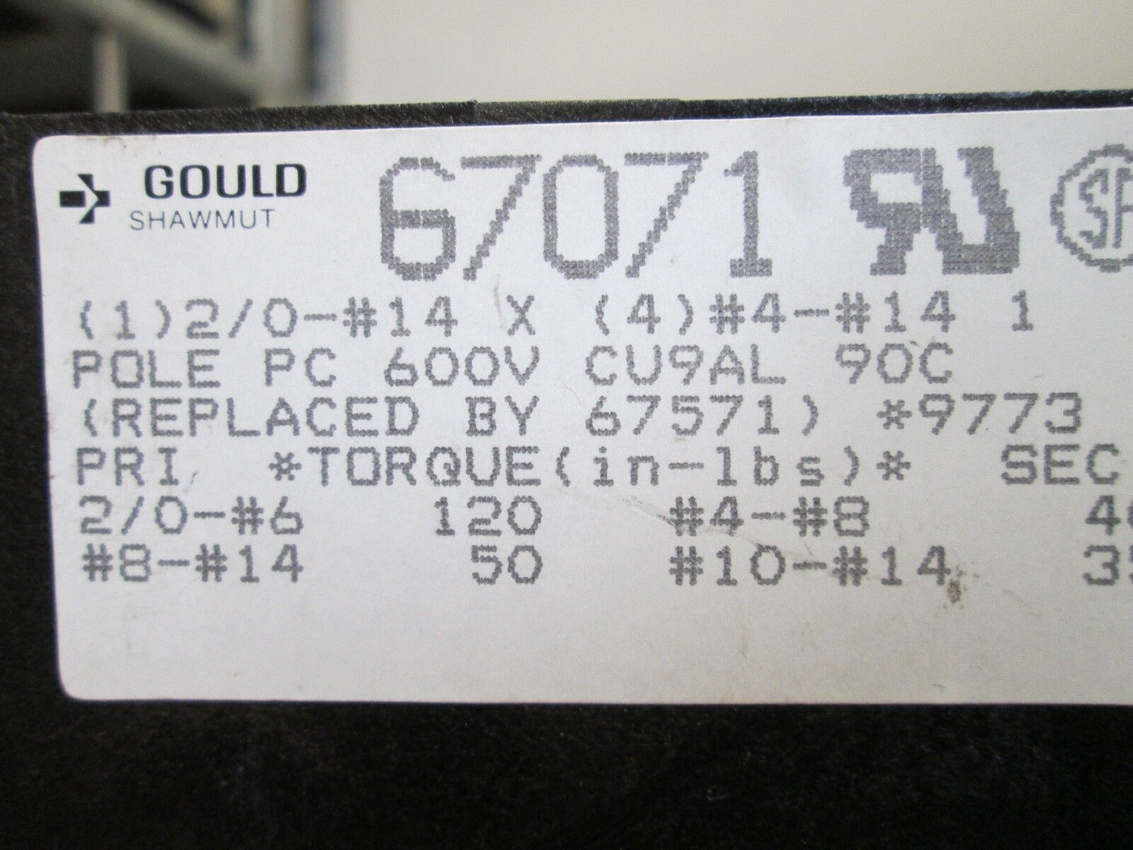 Gould/Ferraz Shawmut Power Distibution Block 67071 Line: (1) 2/0 - #14 Used