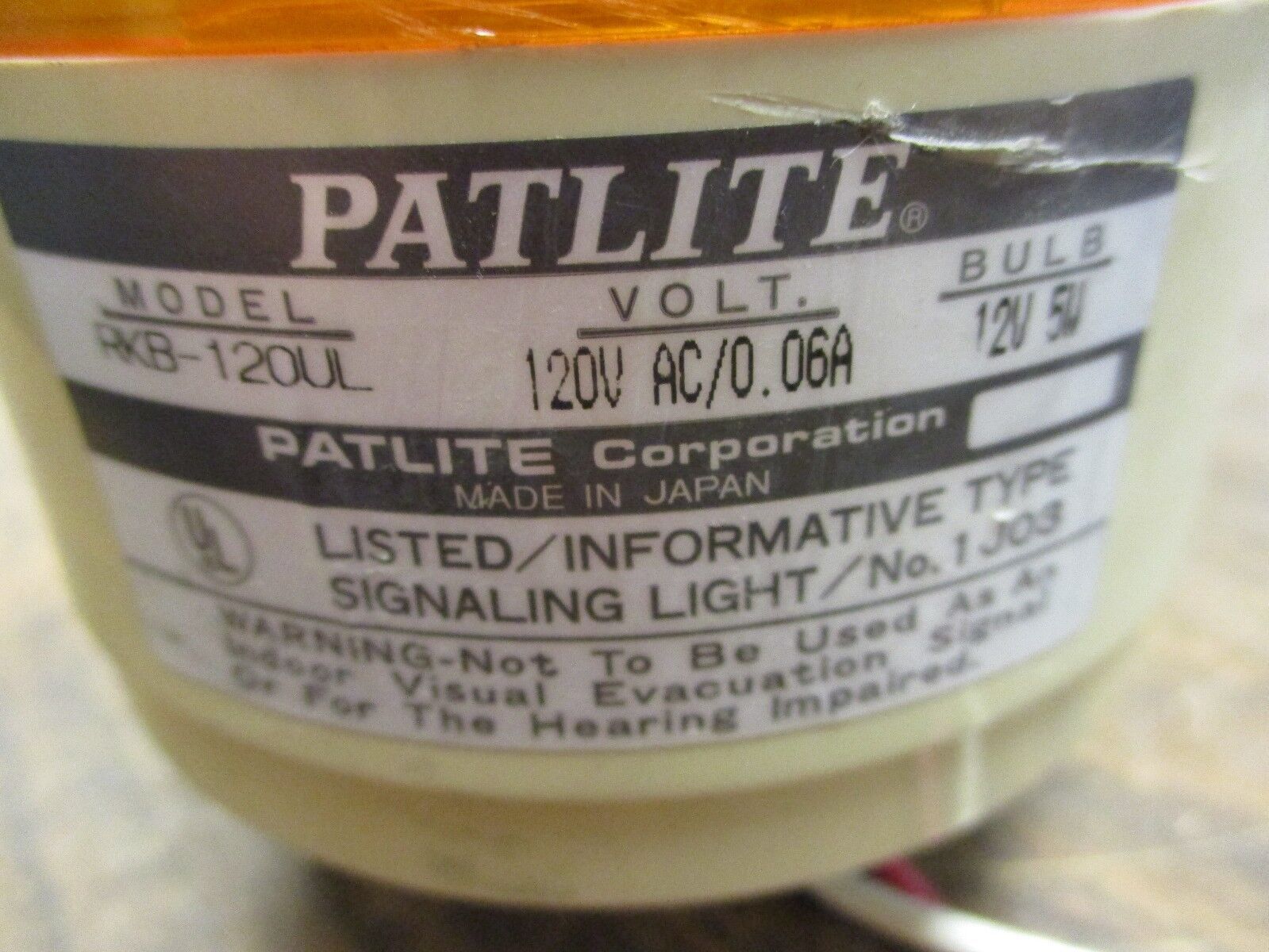 Patlite Signaling Light RKB-120UL 120V 0.06A Amber Used