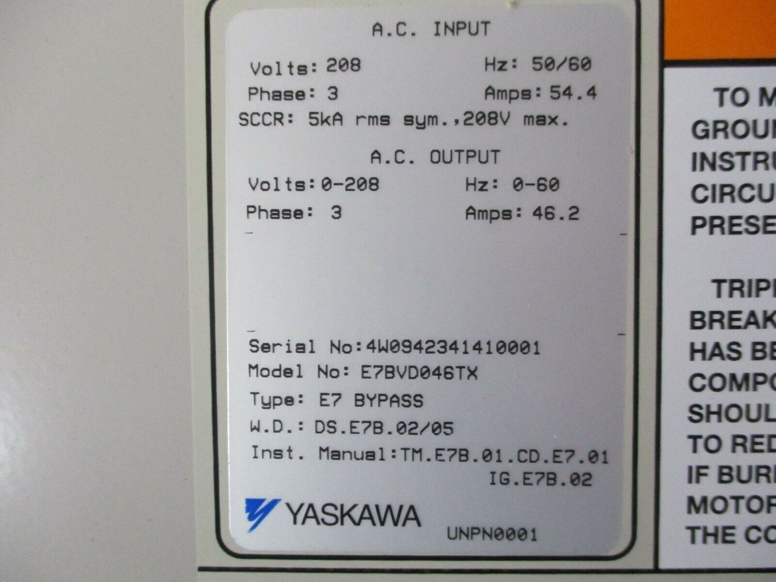 Yaskawa E7 AC Drive w/ Bypass E7BVD046TX 15HP 3Ph Used
