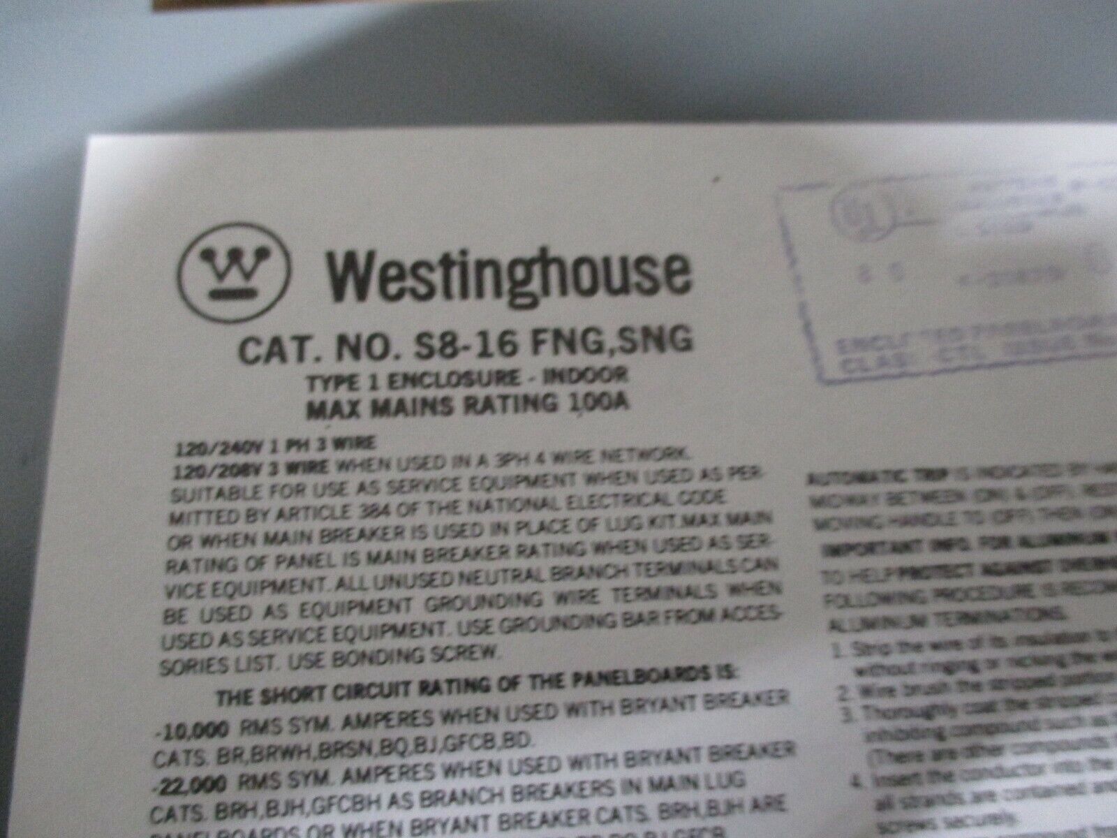 Westinghouse Main Lug Load Center S8-16FNG 100A 120/240V 1Ph 3W New Surplus