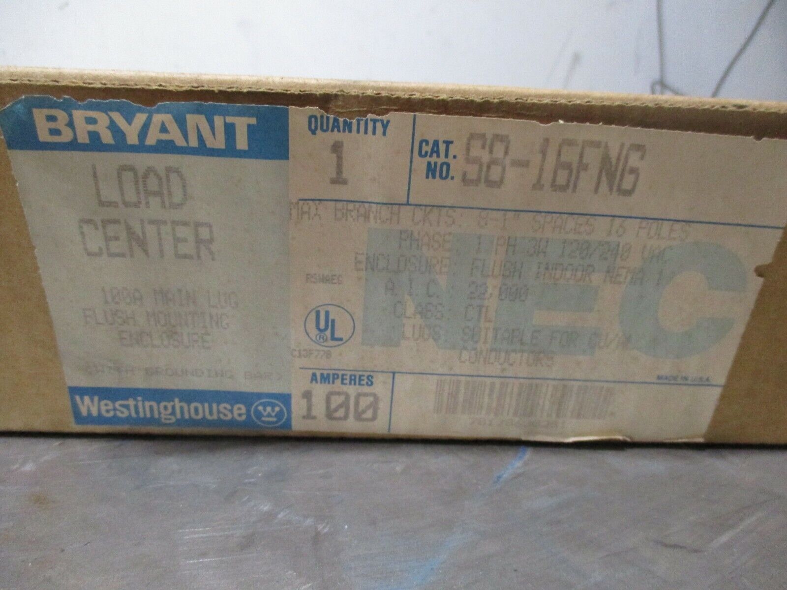Westinghouse Main Lug Load Center S8-16FNG 100A 120/240V 1Ph 3W New Surplus