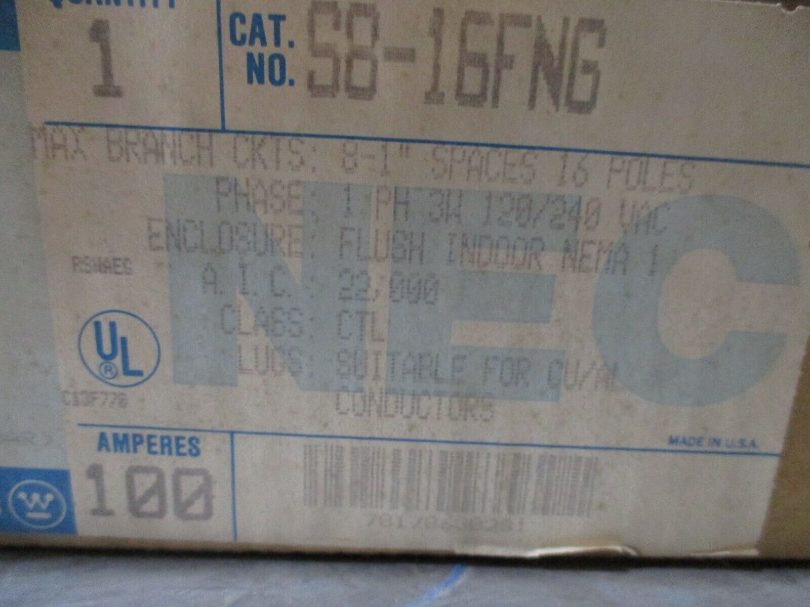 Westinghouse Main Lug Load Center S8-16FNG 100A 120/240V 1Ph 3W New Surplus