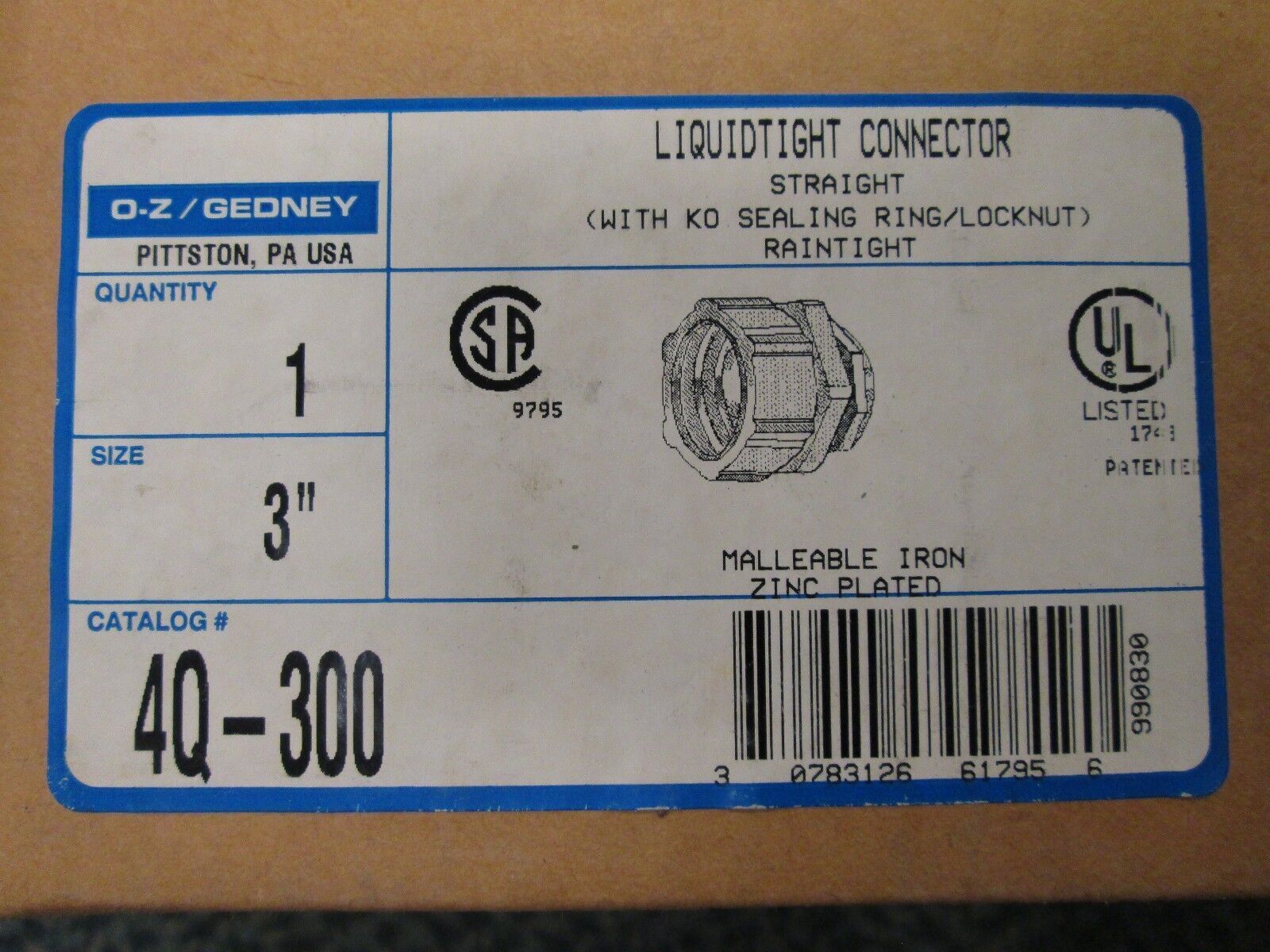 Oz Gedney Liquidtight Connector 4Q-300 Size 3" New Surplus