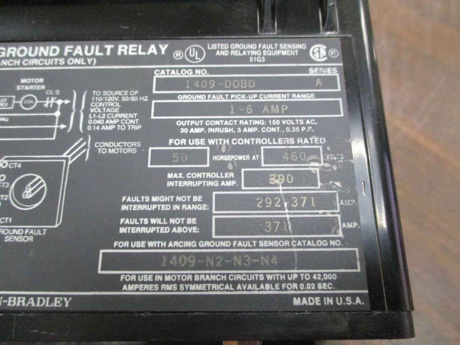 Allen-Bradley Arcing Ground Fault Relay 1409-DOBD Ser. A Range: 1-6A Used