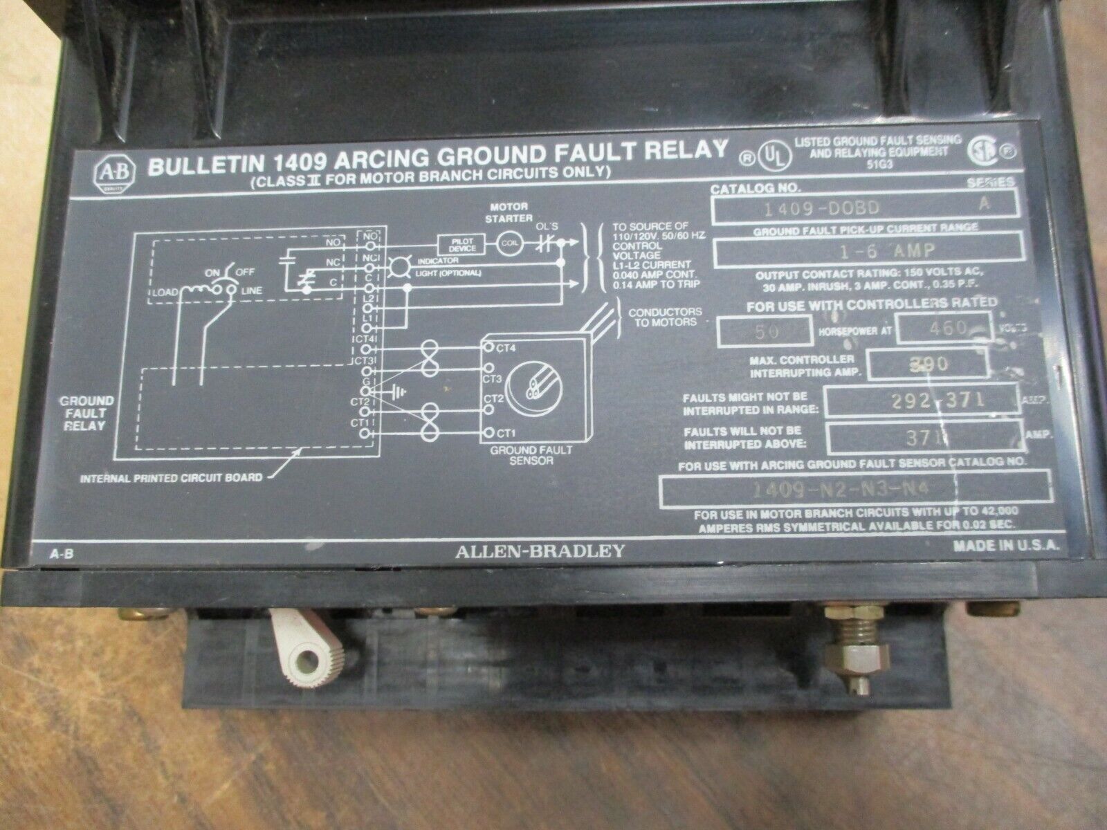 Allen-Bradley Arcing Ground Fault Relay 1409-DOBD Ser. A Range: 1-6A Used