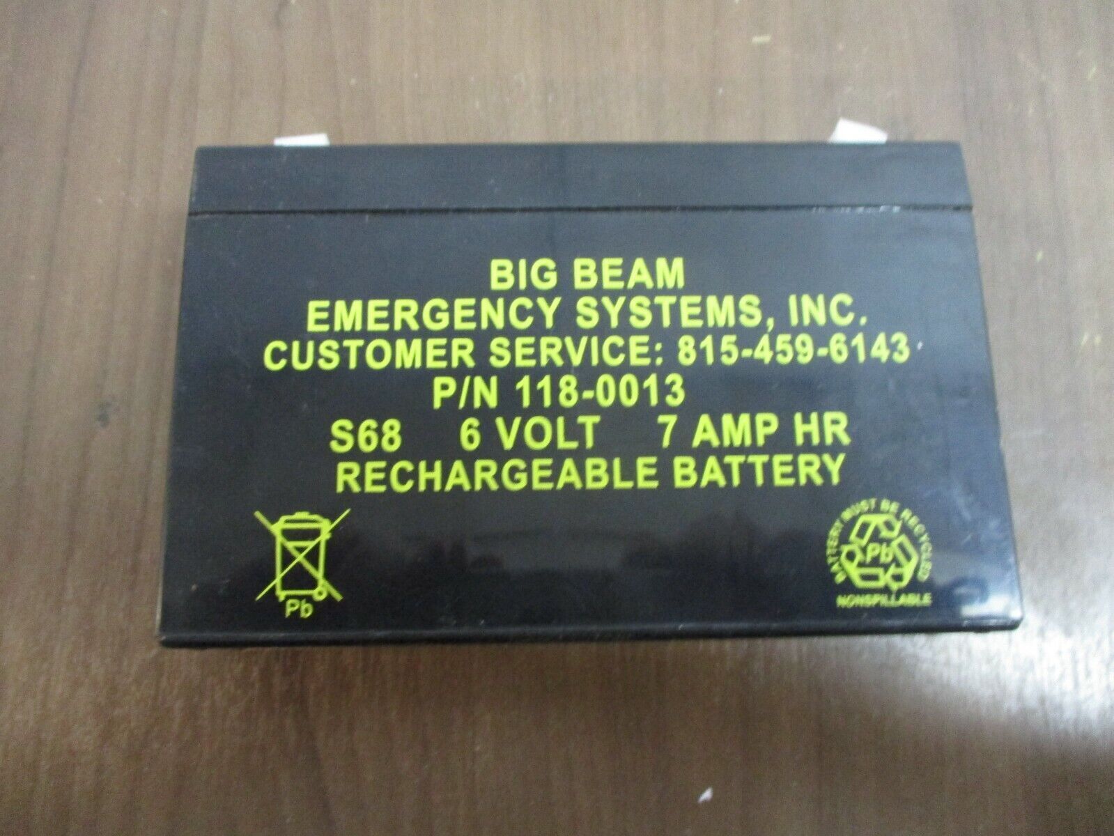 Big Beam Emergency Systems Rechargeable Battery 118-0013 6V 7 A/Hr *No Box*