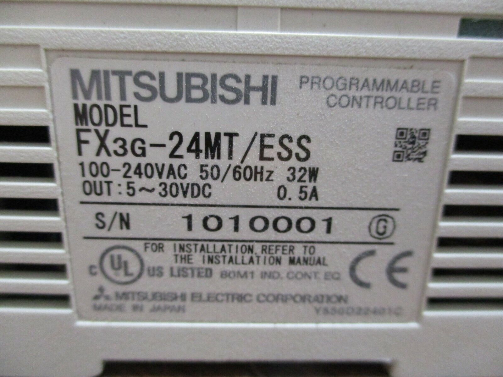 Mitsubishi Power Supply FX3G-24MT/ESS Input: 100-240VAC, 50/60Hz, 32W Used