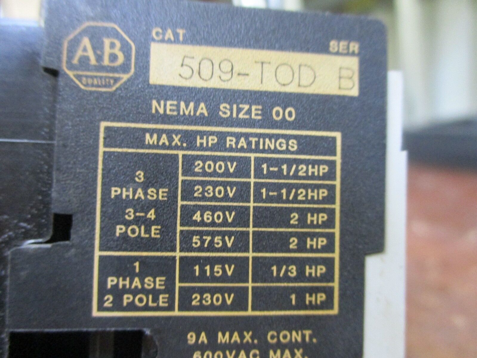 Allen-Bradley Starter 509-TOD Size 00 9A 600V 120V Coil Used