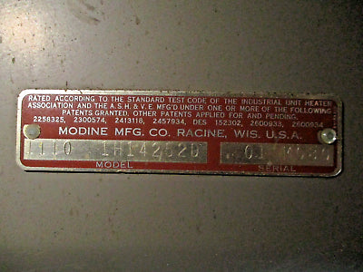 Modine Steam Heater 1110 1H14252D *Missing (1) Vent Fin* Used
