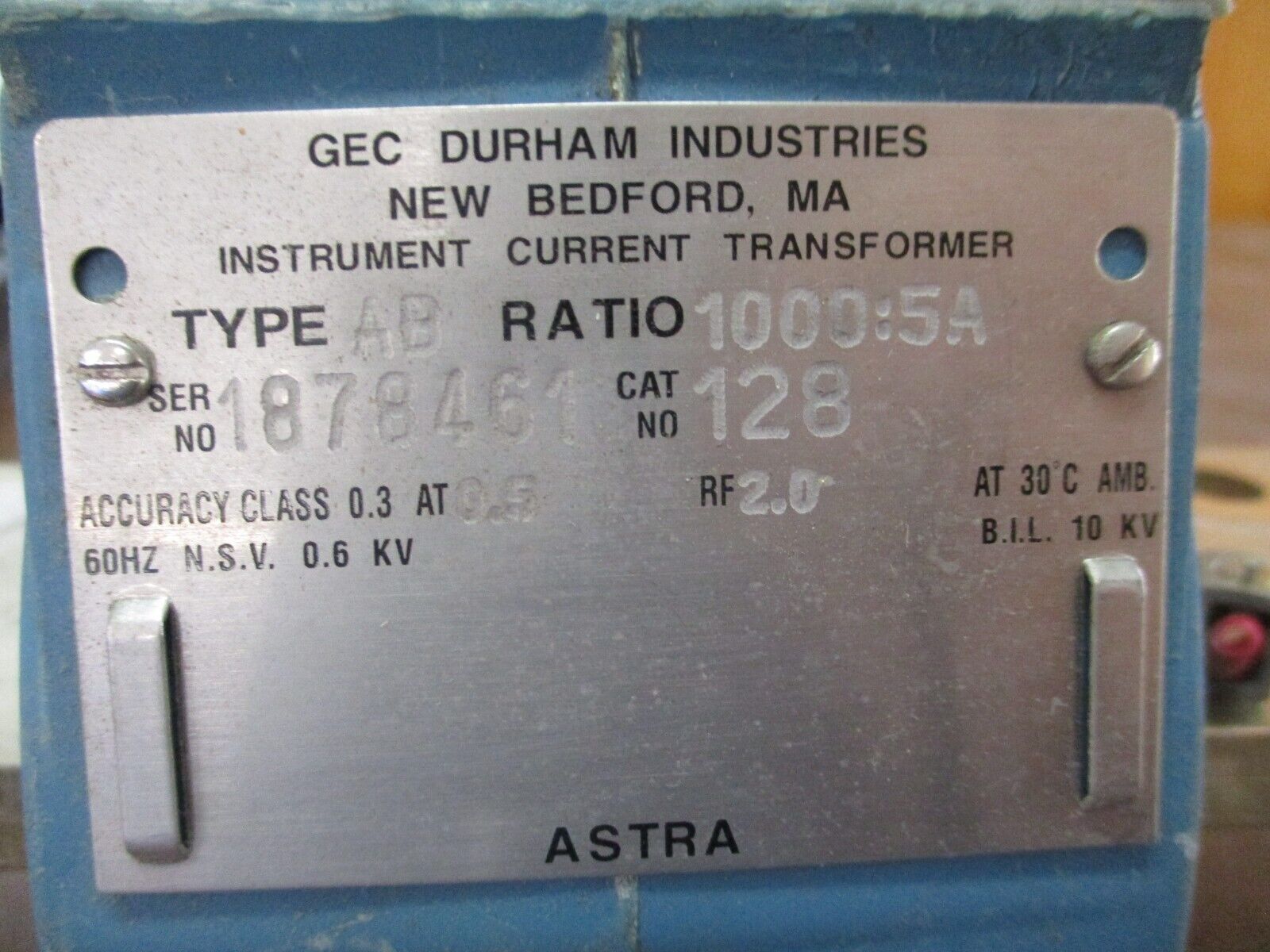GEC Durham Type AB Current Transformer 128 Ratio 1000:5A 600V 10kV BIL Used