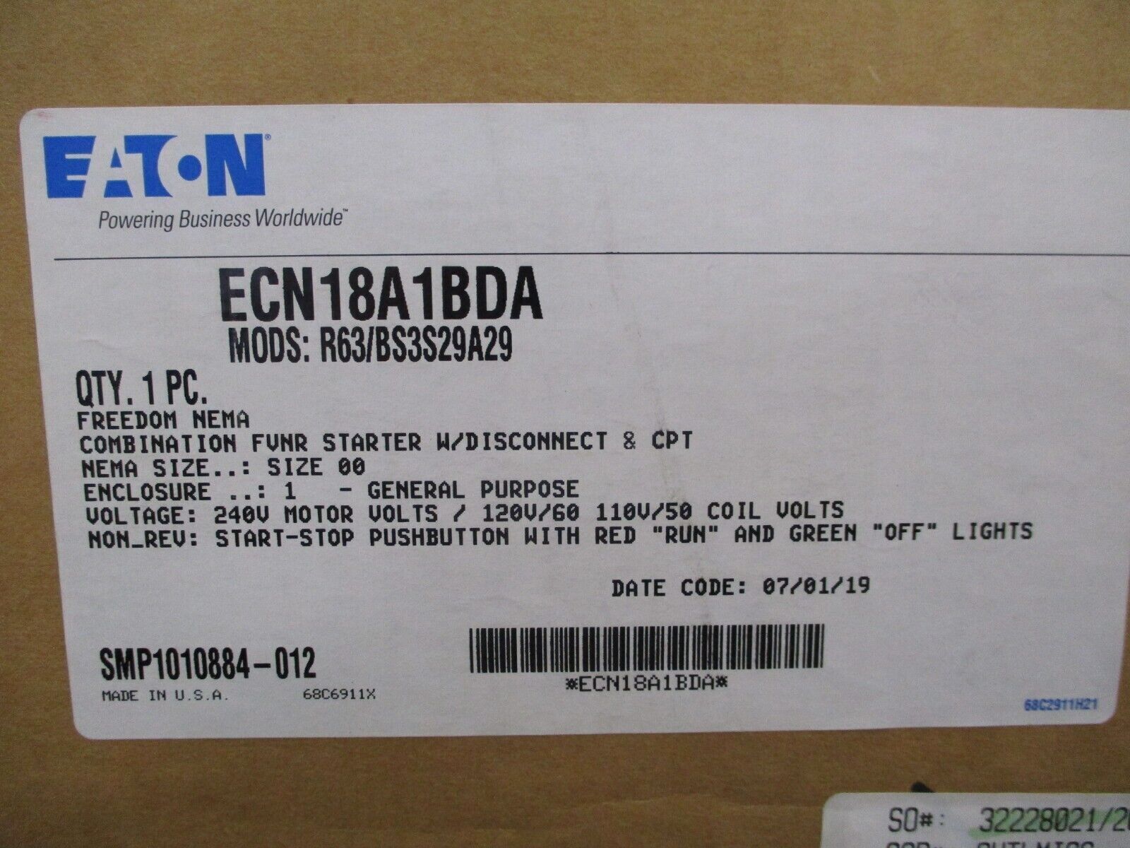 Eaton Size 00 Combination ECN18A1BDA MODS: R63/BS3S29A29 120V Coil New Surplus