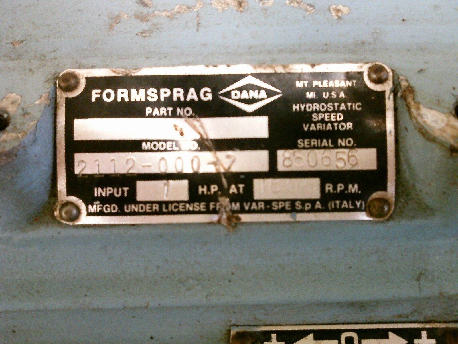 Formsprag Hydrostatic Speed Variator 2112-000-7 1HP@1800RPM Input Used