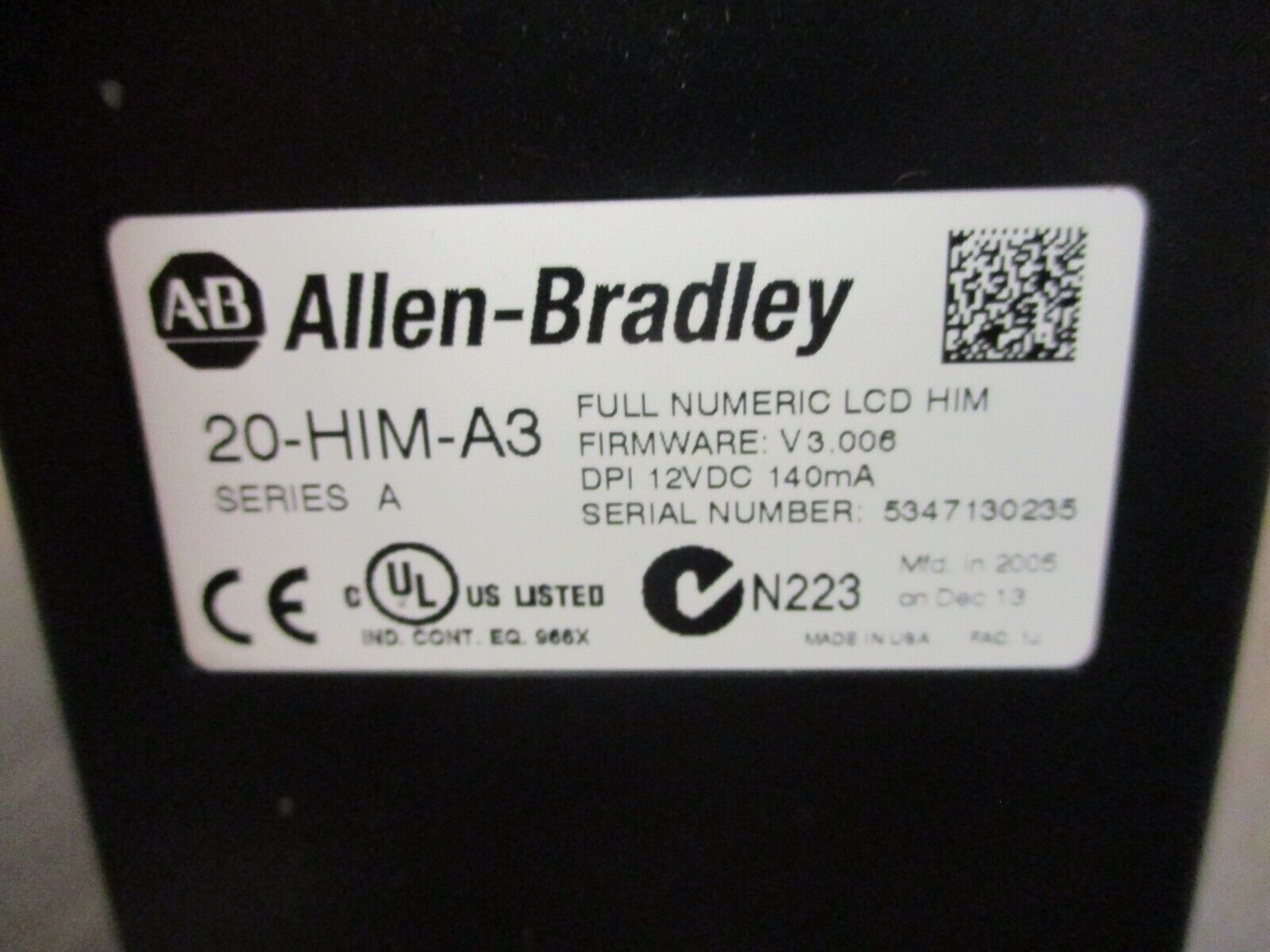 Allen-Bradley Keypad 20-HIM-A3 Ser. A F/W: V 3.006 12VDC 140mA *Cracked* Used