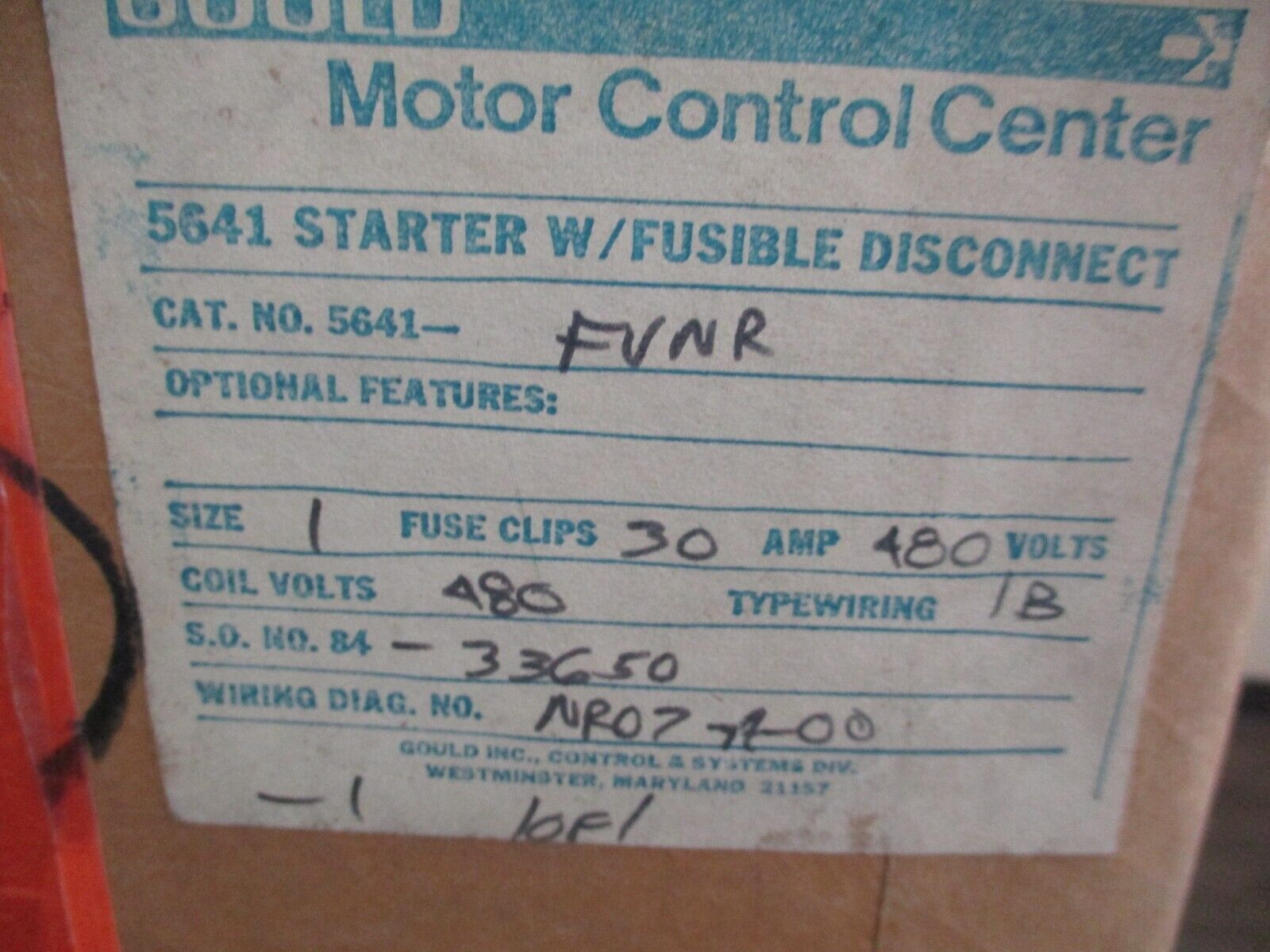 Gould Motor Control Center 5641-FVNR Size 1 480V Coil Fusible Disconnect
