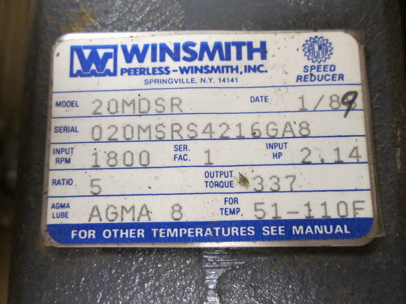 Winsmith Reducer 20MDSR Ratio 5:1 2.1 HP In 1800RPM In 337 FT-LB Torque Out
