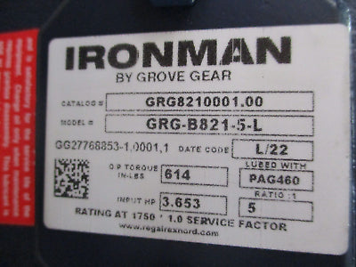 Grove Gear Ironman Reducer GRG8210001.00 Model #: GRG-B821-5-L Ratio 5:1 3.653HP