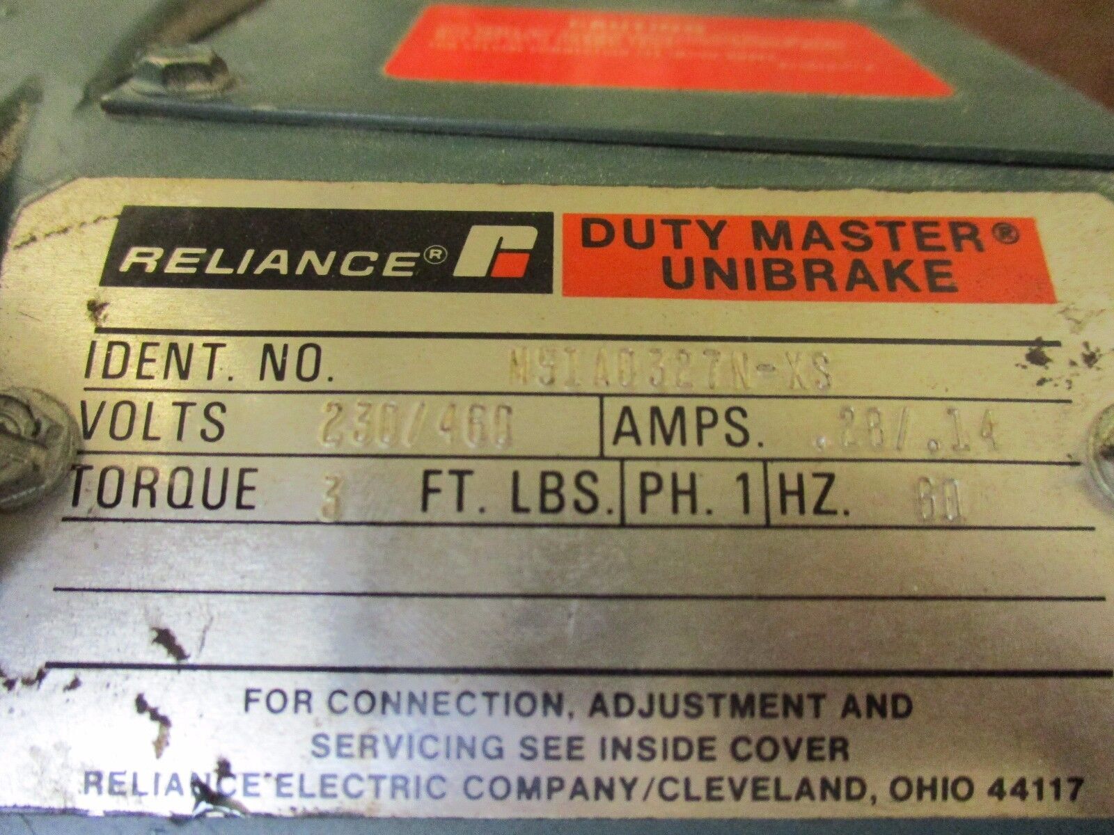 Reliance Duty Master Unibrake M51A0327N-XS 3Ft/Lbs Torque 230/460V Used
