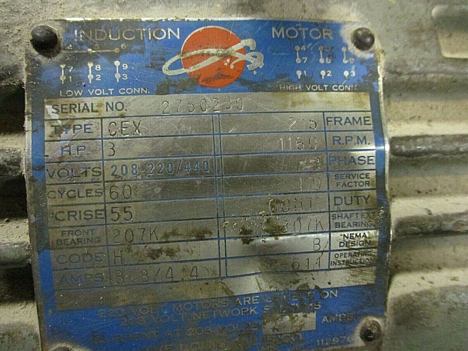 Louis Allis Induction Motor 2750230 3HP 220/440V 8.8A 1200RPM 3 Ph 60Hz Used