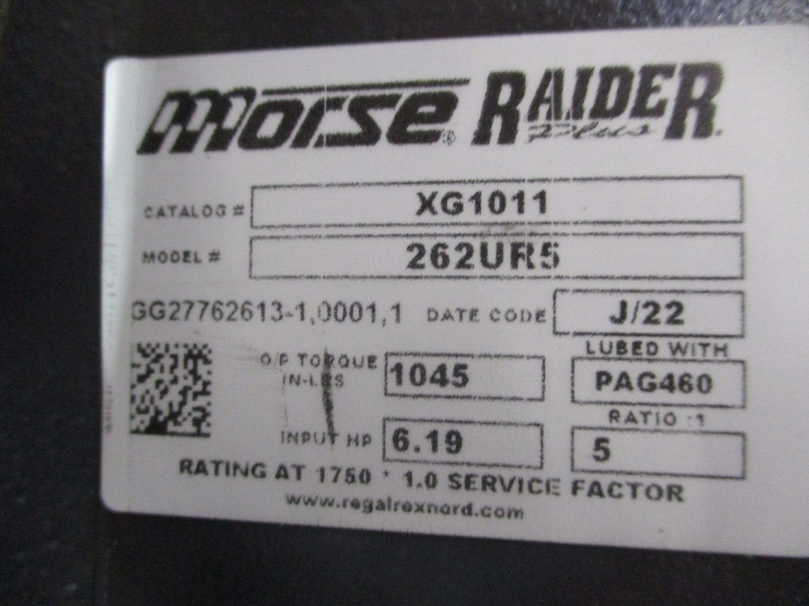 Morse Raider Plus Reducer XG1011 Model #: 262UR5 Ratio 5:1 6.19HP 1750 RPM In