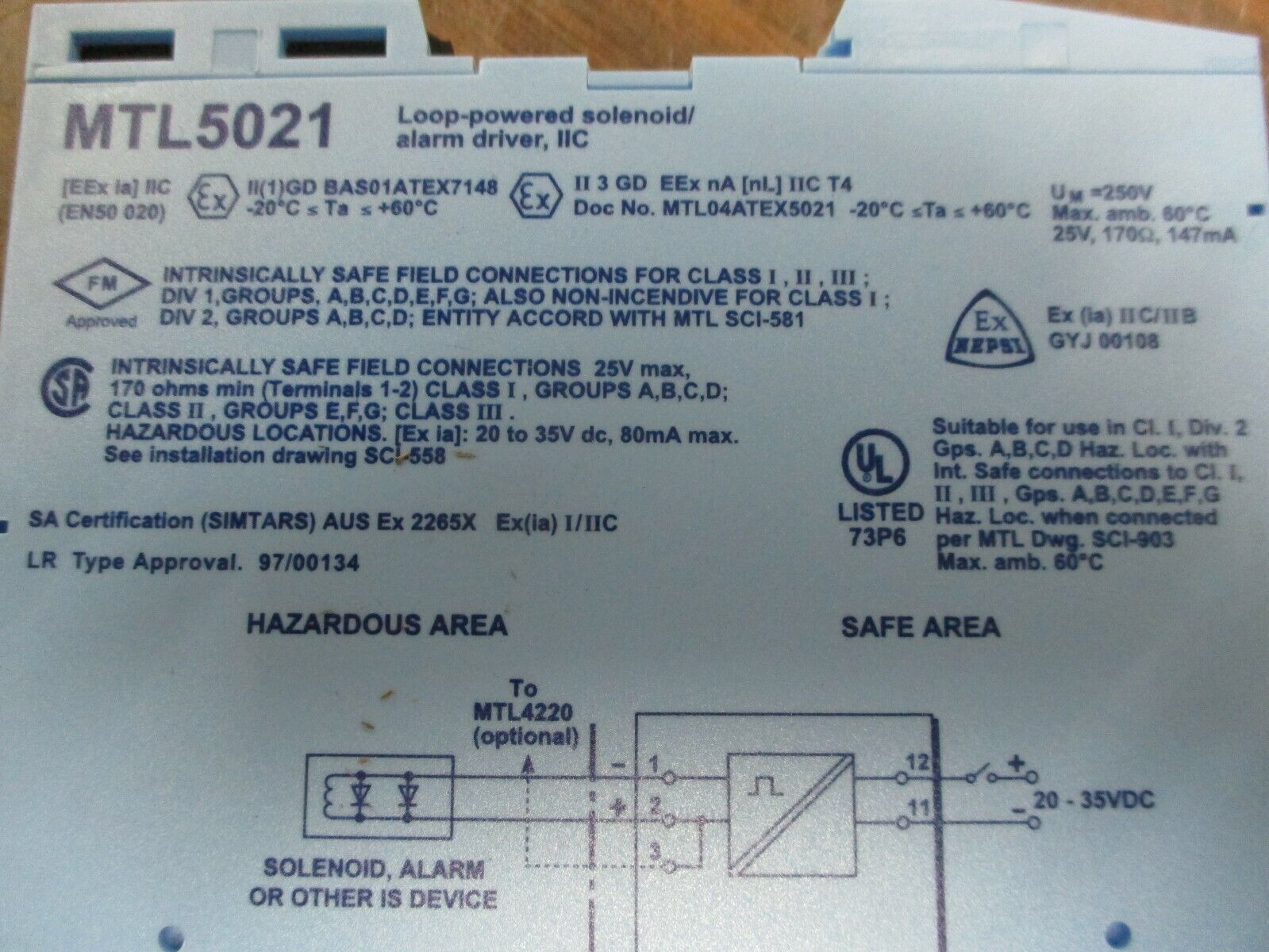 Measurement Technology Loop-Powered Solenoid/Alarm Driver MTL5021 20-35VDC Used
