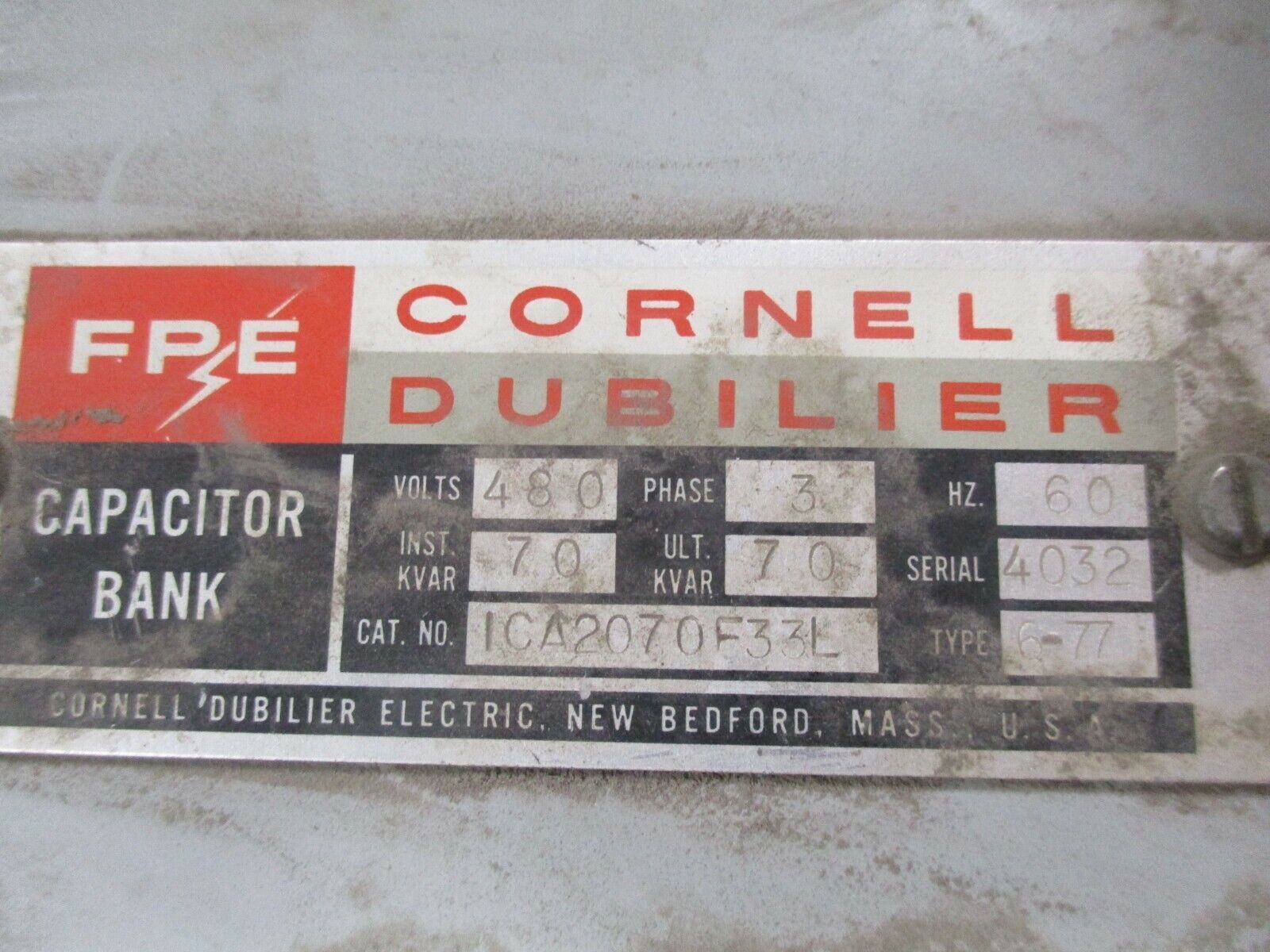 FPE Cornell Dubilier Capacitor Bank ICA2070F33L 70KVAR 480V 3Ph 60Hz Used
