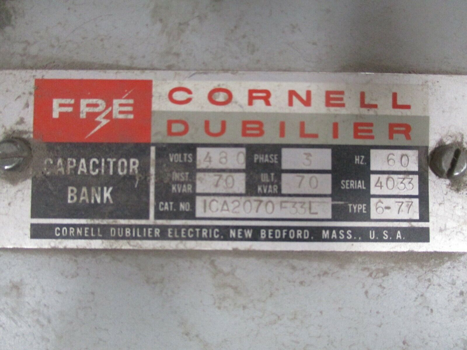 FPE Cornell Dubilier Capacitor Bank ICA2070F33L 70KVAR 480V 60Hz 3Ph Used