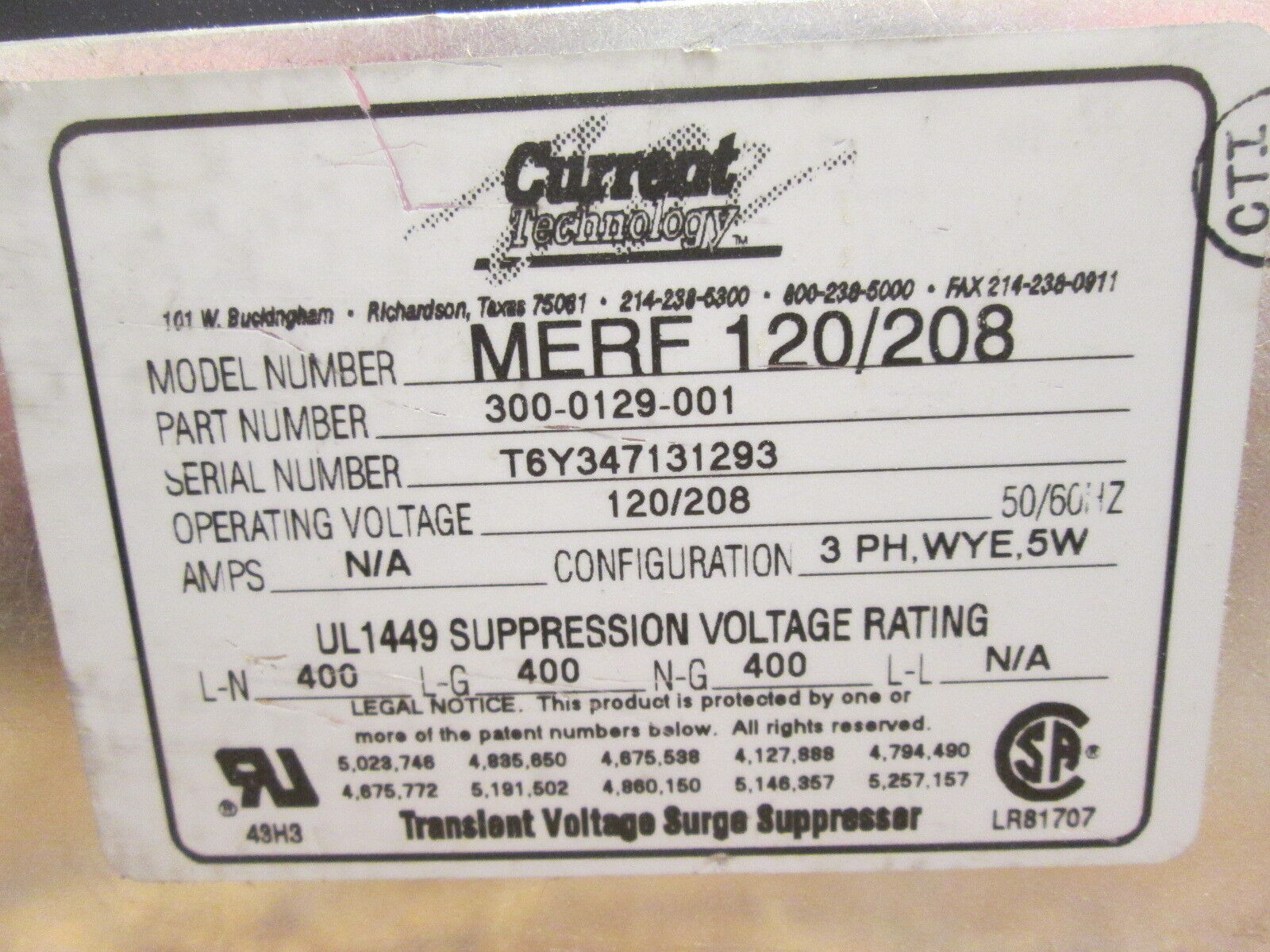 Current Technology MERF 120/208 Transient Voltage Surge Suppressor, 300-0129-001