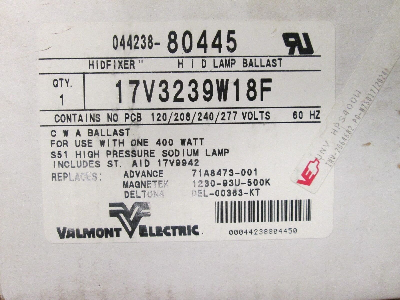 Valmont Electric HID Lamp Ballast, 17V3239W18F, 120/208/240/277V New Surplus