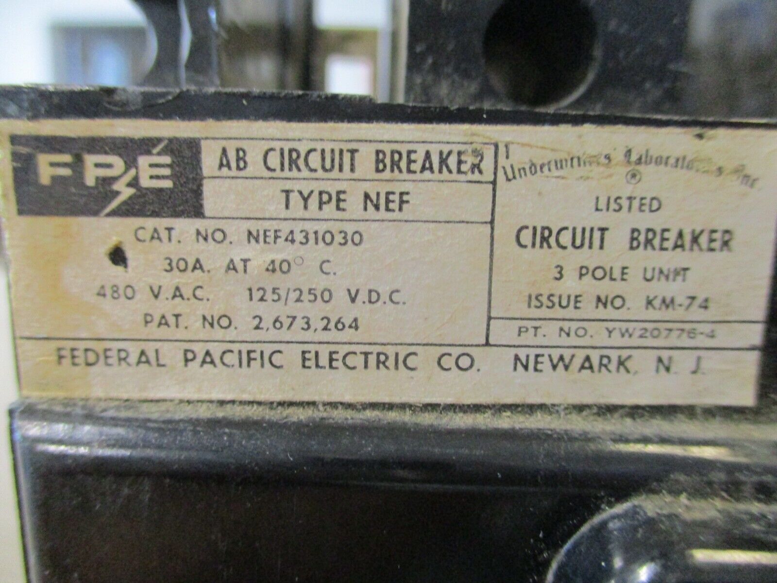 FPE Type NEF AB Circuit Breaker NEF431030 30A 480V 3P Used.